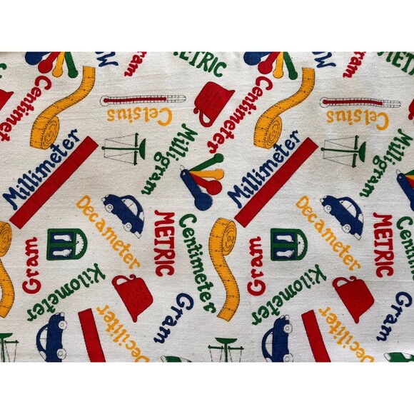 Vintage 70s 2 Yards x 45” Cartoon Science Teacher Metric System Thick Canvas - Picture 1 of 3